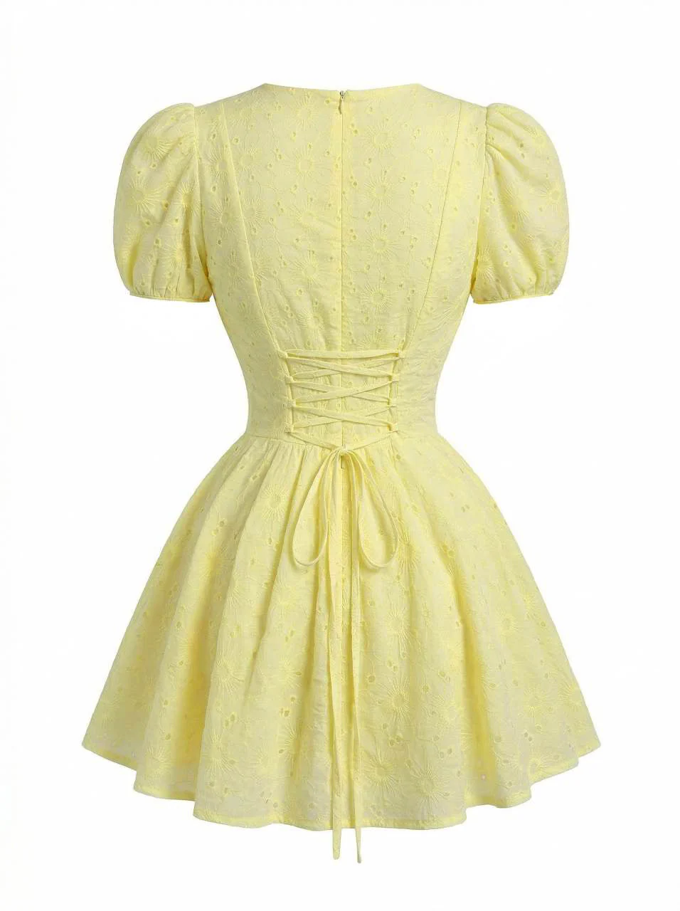 Yellow 1960s Cotton Embroidered Puff Sleeve V-Neck Mini Dress - Image 5
