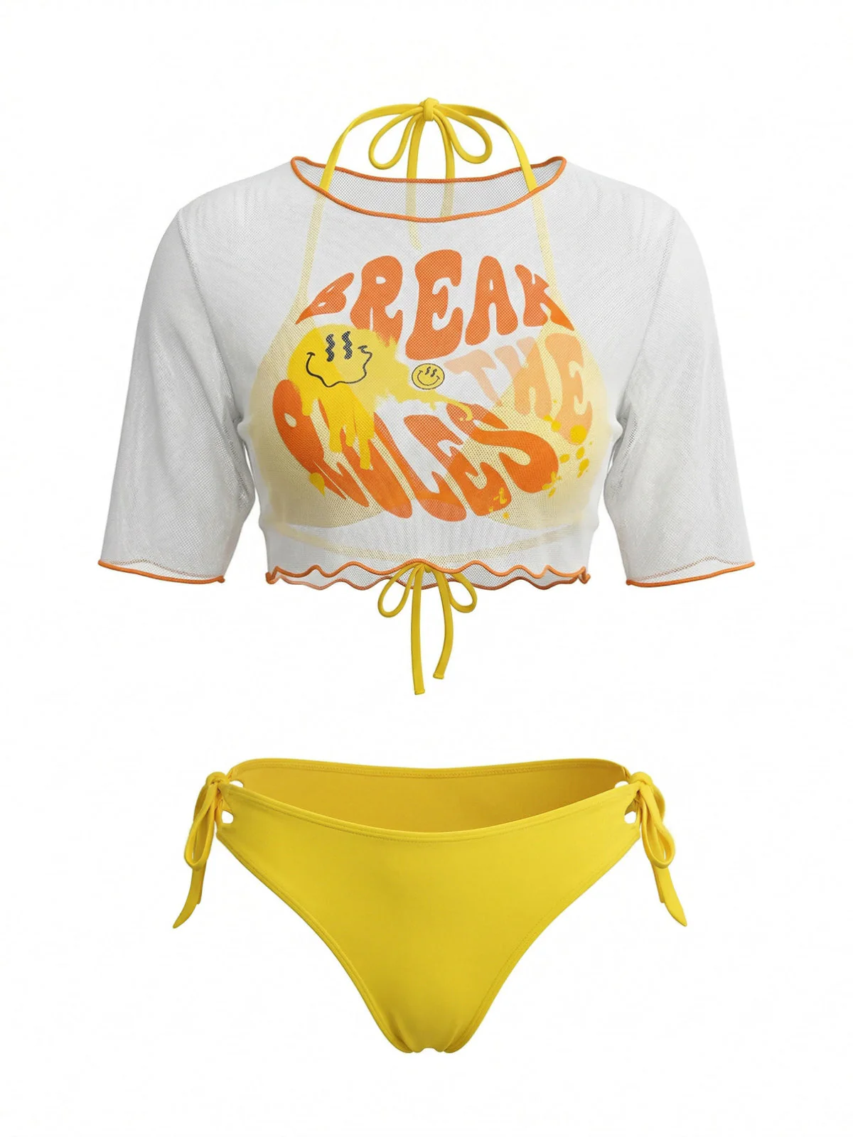 Yellow 1960s Halter Triangle Bikini Set & Sheer Cover-Up - Image 2