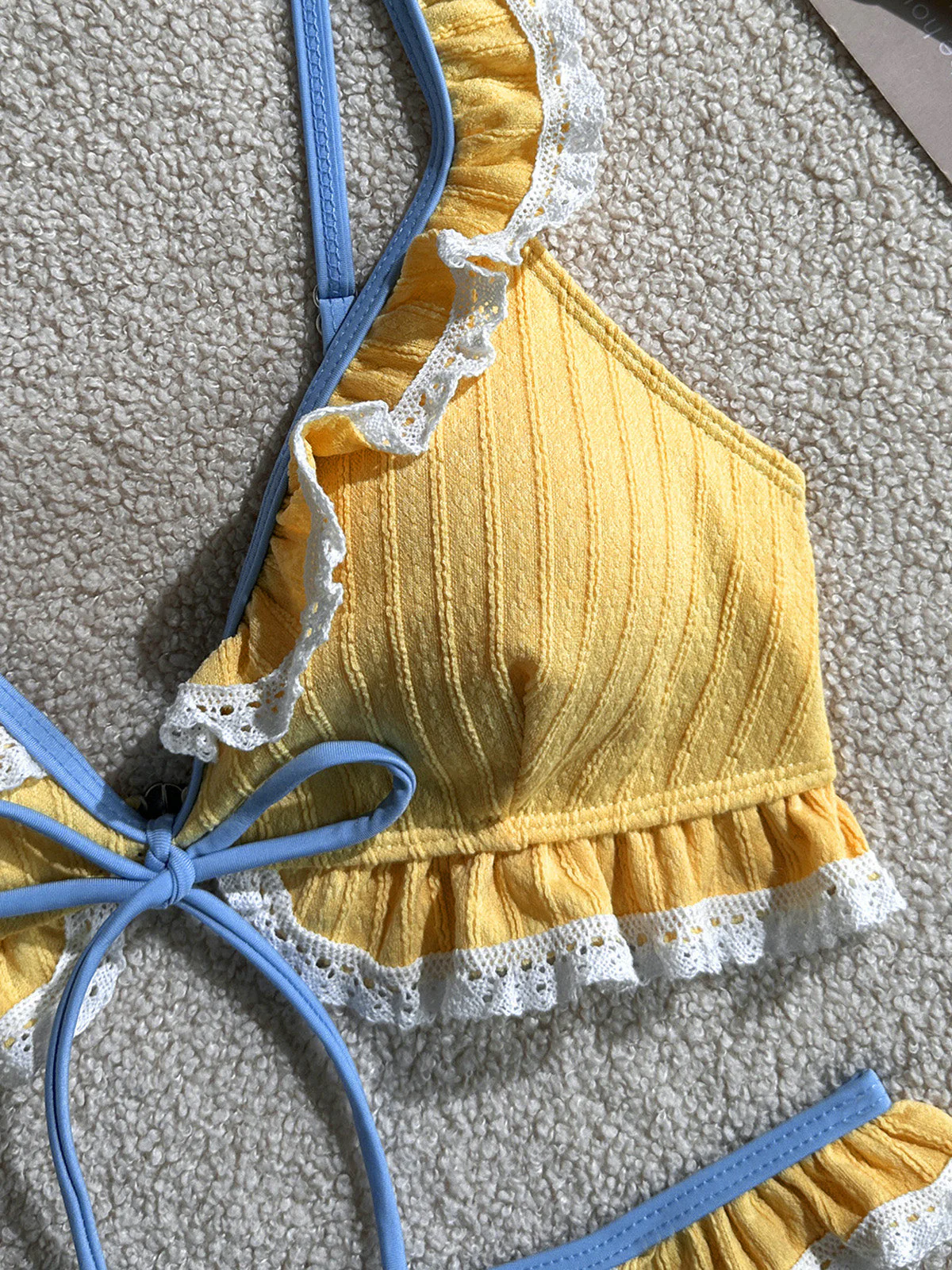 Yellow 1960s Lace Patchwork Colorblock Bikini Set - Image 5