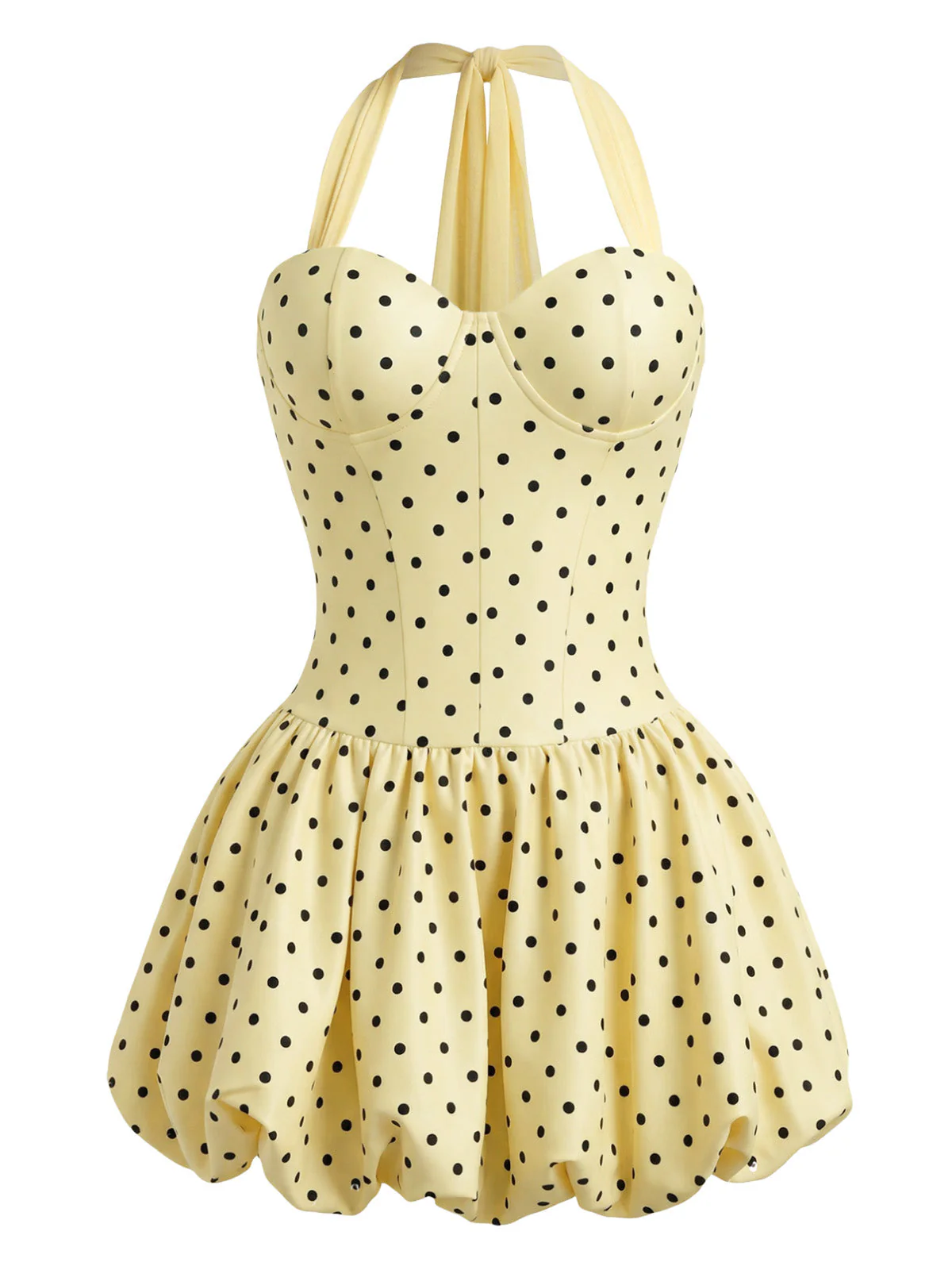 Yellow 1960s Polka Dot Halter Bud Dress - Image 2