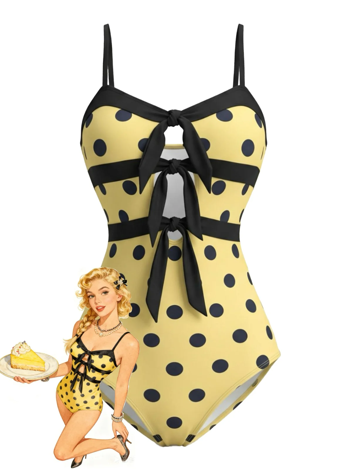 Yellow 1980s Polka Dot Bow One-Piece Swimsuit