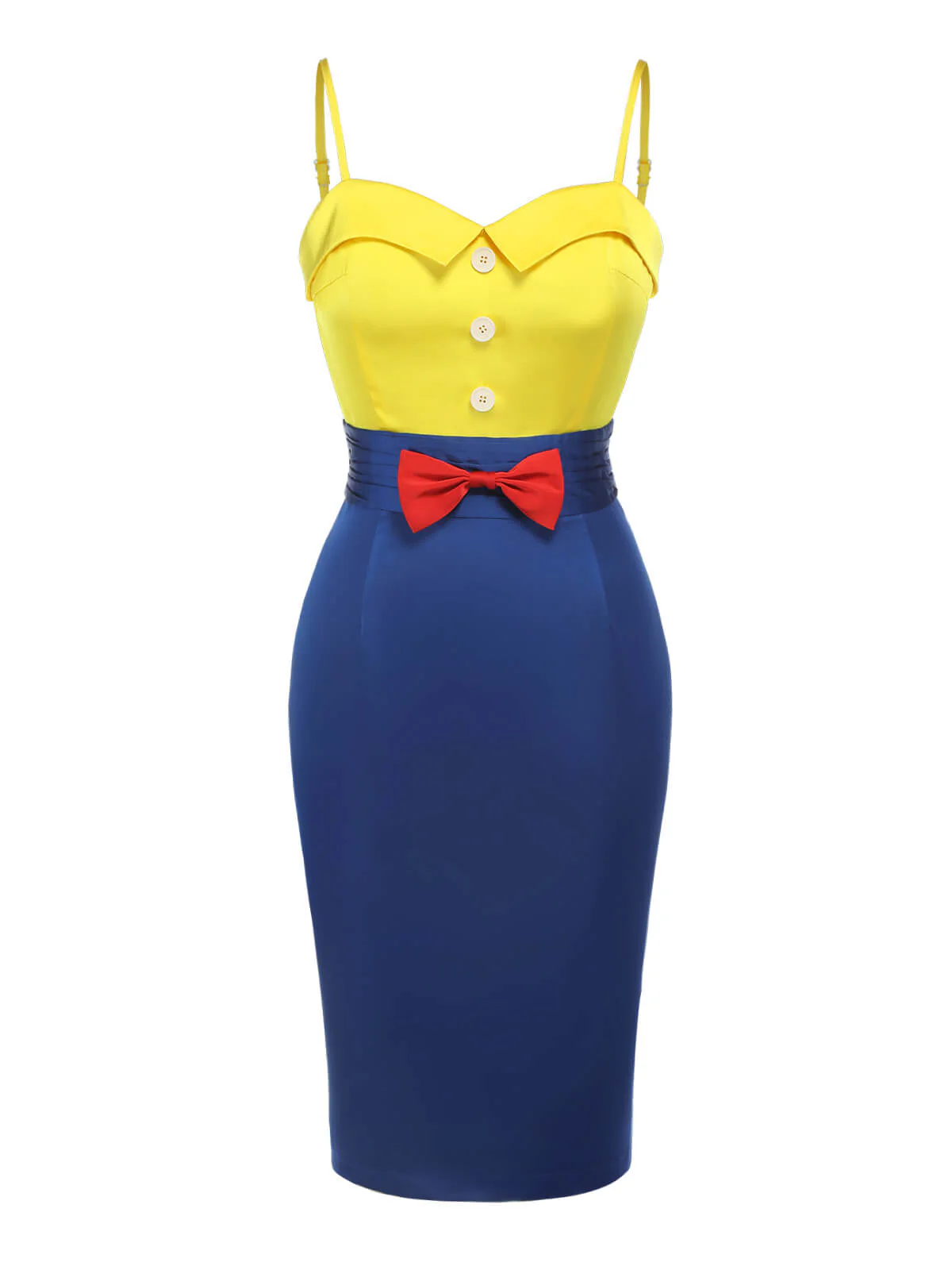 Yellow & Blue 1960s Bow Strap Pencil Dress - Image 2